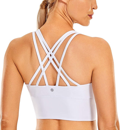 CRZ YOGA Women'S Strappy Longline Sports Bras - Wirefree Padded Medium Impact Workout Crop Tank Top