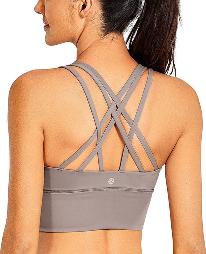 CRZ YOGA Women'S Strappy Longline Sports Bras - Wirefree Padded Medium Impact Workout Crop Tank Top