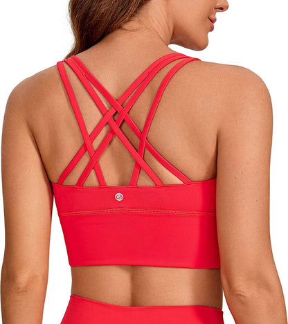 CRZ YOGA Women'S Strappy Longline Sports Bras - Wirefree Padded Medium Impact Workout Crop Tank Top (Neon)bright Red / Large