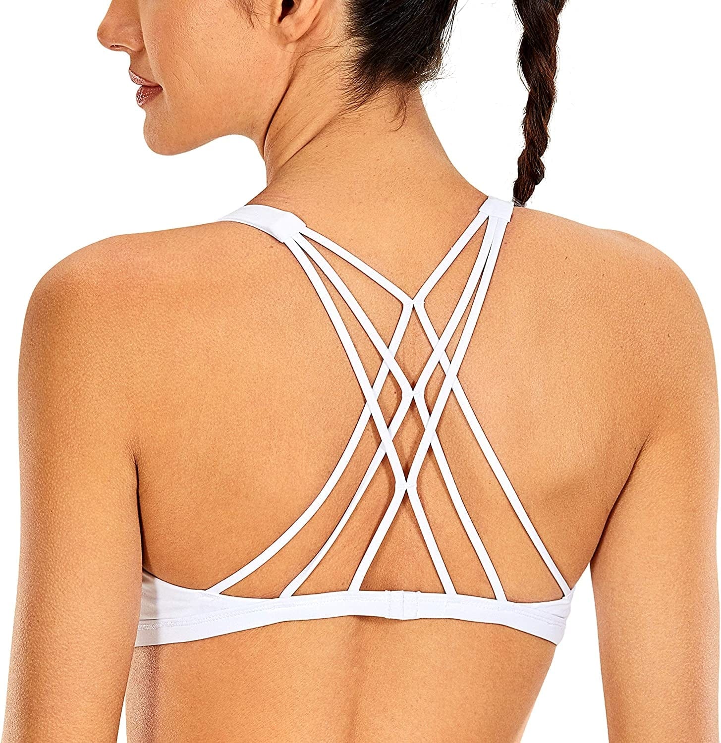 CRZ YOGA Women'S Strappy Sports Bra - Criss Cross Back Padded Low Impact Sexy Cute Workout Yoga Bra White / Medium
