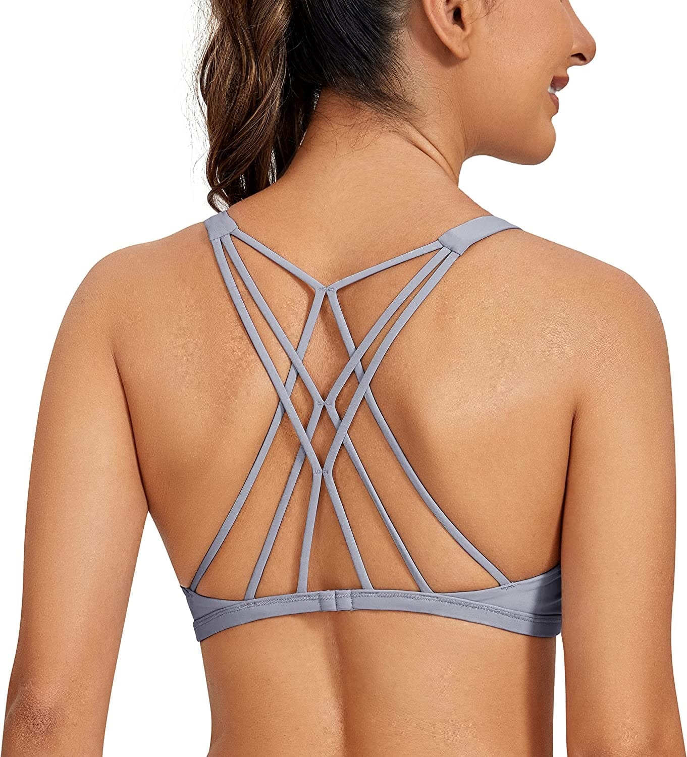 CRZ YOGA Women'S Strappy Sports Bra - Criss Cross Back Padded Low Impact Sexy Cute Workout Yoga Bra Sleet / Medium