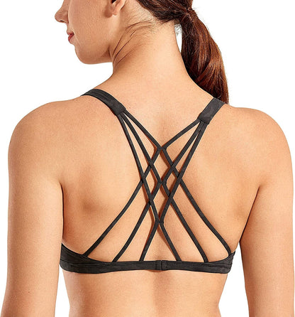 CRZ YOGA Women'S Strappy Sports Bra - Criss Cross Back Padded Low Impact Sexy Cute Workout Yoga Bra Olive Leopard Grain / X-Large