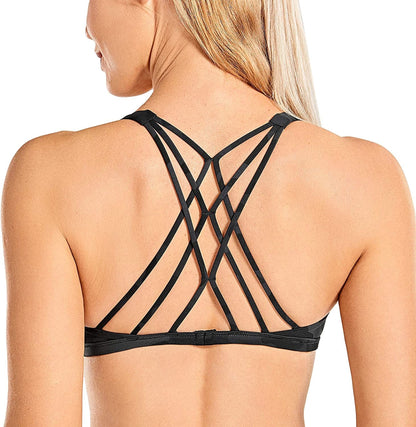 CRZ YOGA Women'S Strappy Sports Bra - Criss Cross Back Padded Low Impact Sexy Cute Workout Yoga Bra Dark Grey Camouflage / X-Large
