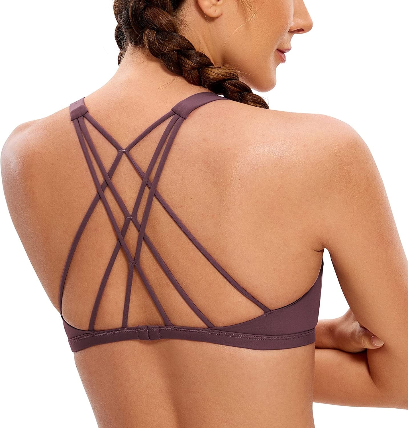 CRZ YOGA Women'S Strappy Sports Bra - Criss Cross Back Padded Low Impact Sexy Cute Workout Yoga Bra Arctic Plum / Medium
