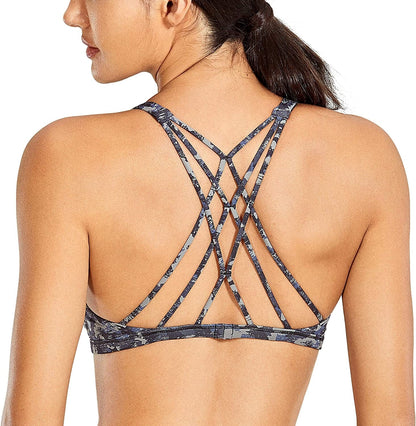 CRZ YOGA Women'S Strappy Sports Bra - Criss Cross Back Padded Low Impact Sexy Cute Workout Yoga Bra Camo Multi 17 / Large