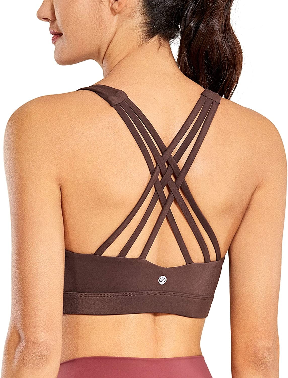 CRZ YOGA Women'S Strappy Sports Bra Full Coverage Padded Full Size Criss Cross Workout Yoga Bra Tops Taupe-full Size / 40B