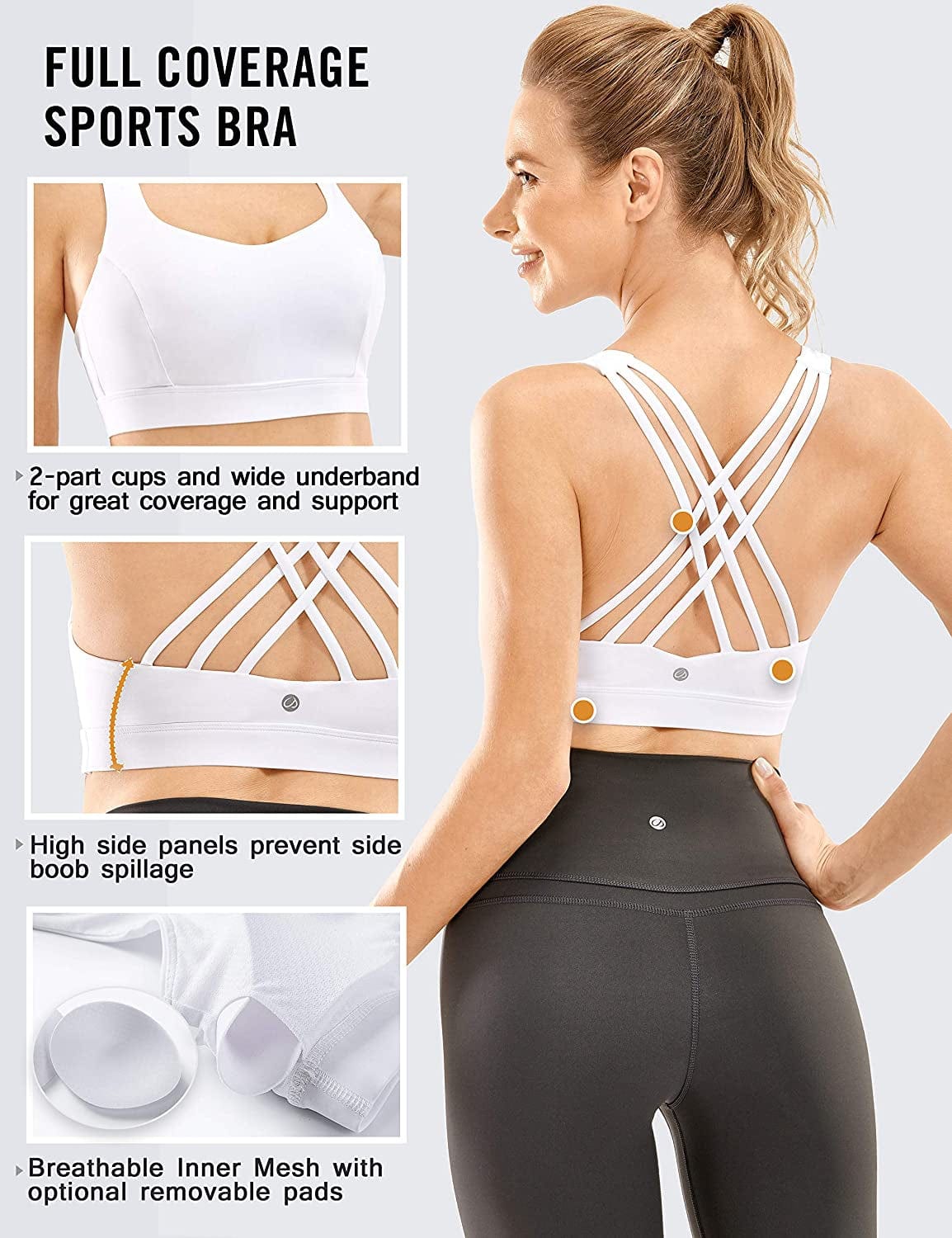 CRZ YOGA Women'S Strappy Sports Bra Full Coverage Padded Full Size Criss Cross Workout Yoga Bra Tops