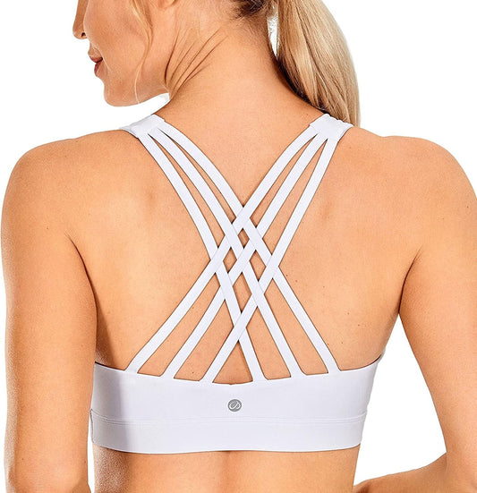 CRZ YOGA Women'S Strappy Sports Bra Full Coverage Padded Full Size Criss Cross Workout Yoga Bra Tops White-full Size / 38C