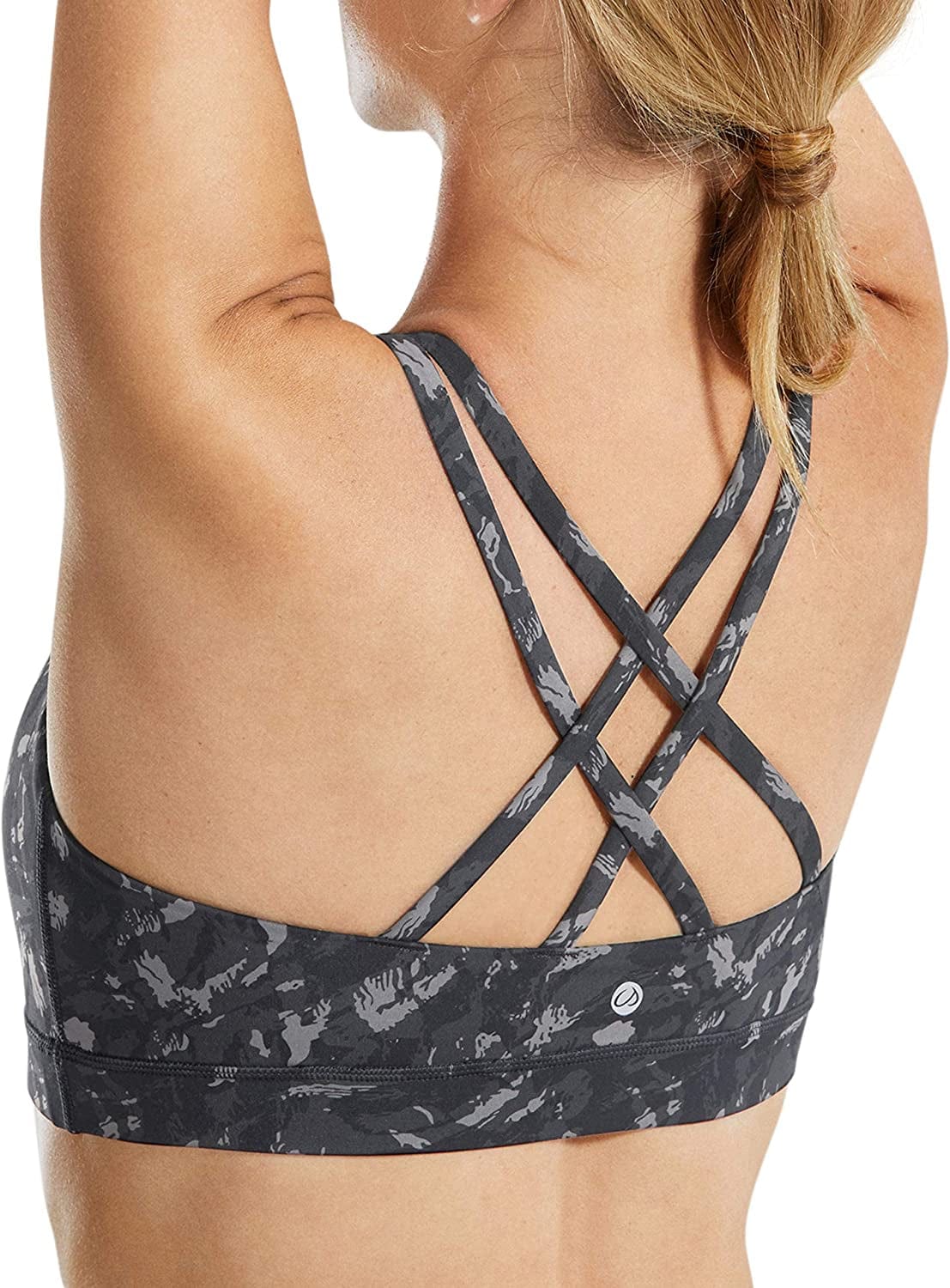 CRZ YOGA Women'S Strappy Sports Bras - Criss Cross Back Workout Padded Wireless Yoga Bra Camo Multi Three / Large