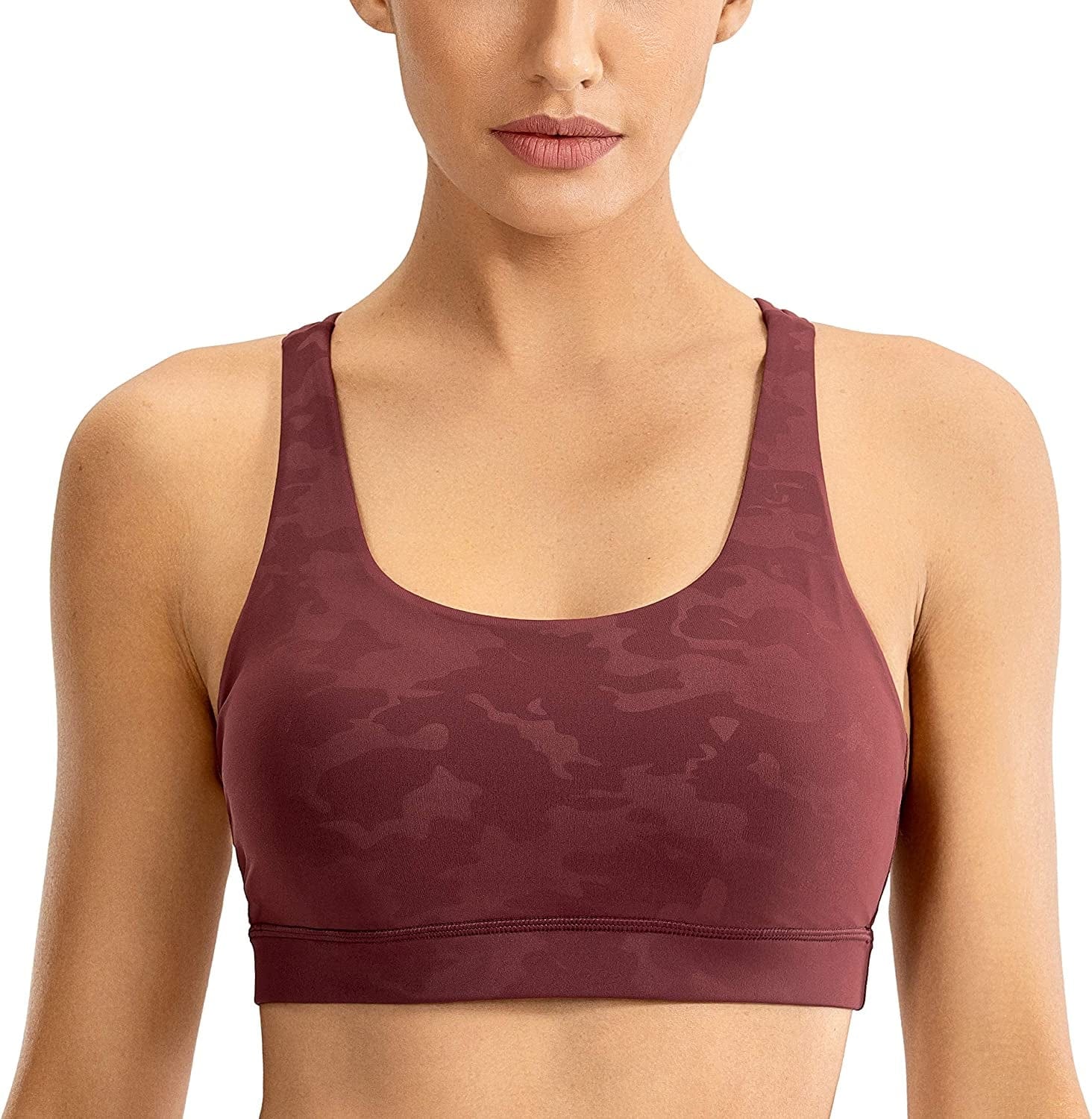 CRZ YOGA Women'S Strappy Sports Bras - Criss Cross Back Workout Padded Wireless Yoga Bra Camouflage Savannah / X-Large