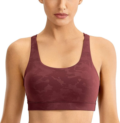 CRZ YOGA Women'S Strappy Sports Bras - Criss Cross Back Workout Padded Wireless Yoga Bra Camouflage Savannah / X-Large