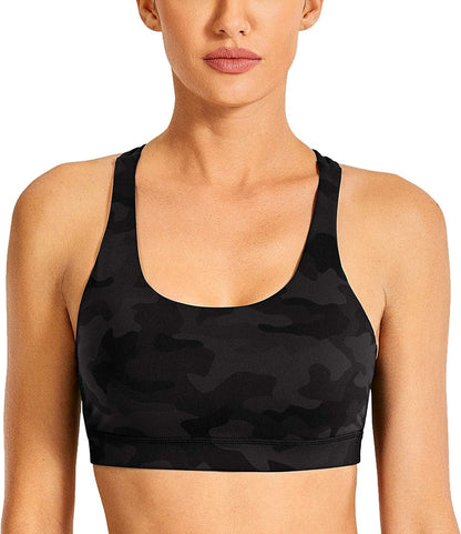 CRZ YOGA Women'S Strappy Sports Bras Fitness Workout Padded Yoga Bra Criss Cross Back Dark Grey Camouflage / Small