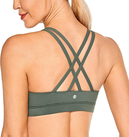CRZ YOGA Women'S Strappy Sports Bras Fitness Workout Padded Yoga Bra Criss Cross Back Grey Sage / X-Small