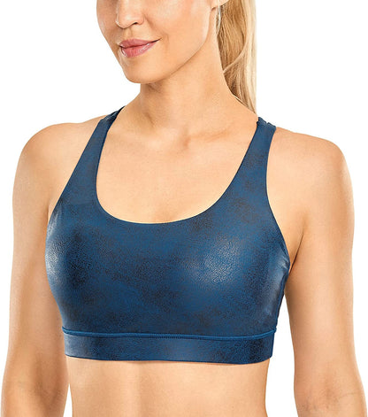 CRZ YOGA Women'S Strappy Sports Bras Fitness Workout Padded Yoga Bra Criss Cross Back Faux Leather Ocean Bue Plain / Large