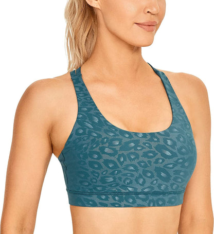CRZ YOGA Women'S Strappy Sports Bras Fitness Workout Padded Yoga Bra Criss Cross Back Faux Leather Leopard Paris Green / X-Small