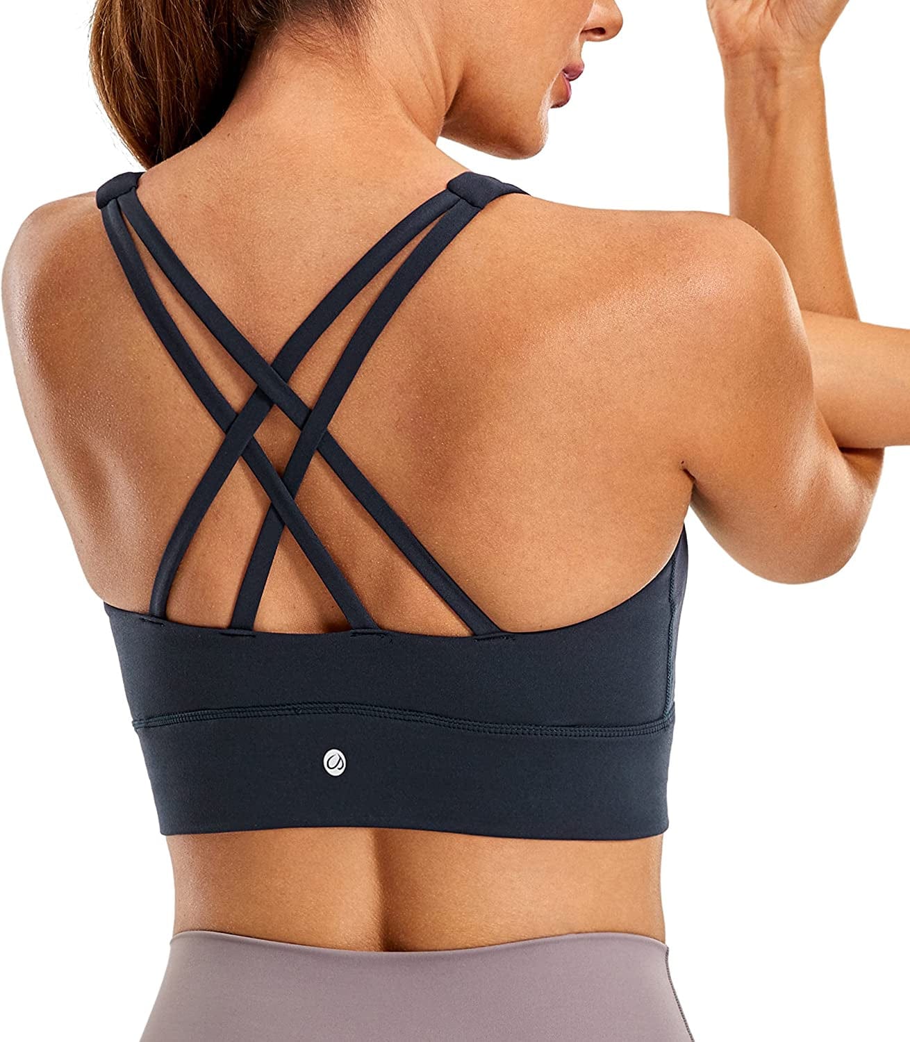 CRZ YOGA Womens Butterluxe Strappy High Neck Longline Sports Bra - Padded Criss Cross Back Workout Sports Bras Crop Tank Top True Navy / Medium