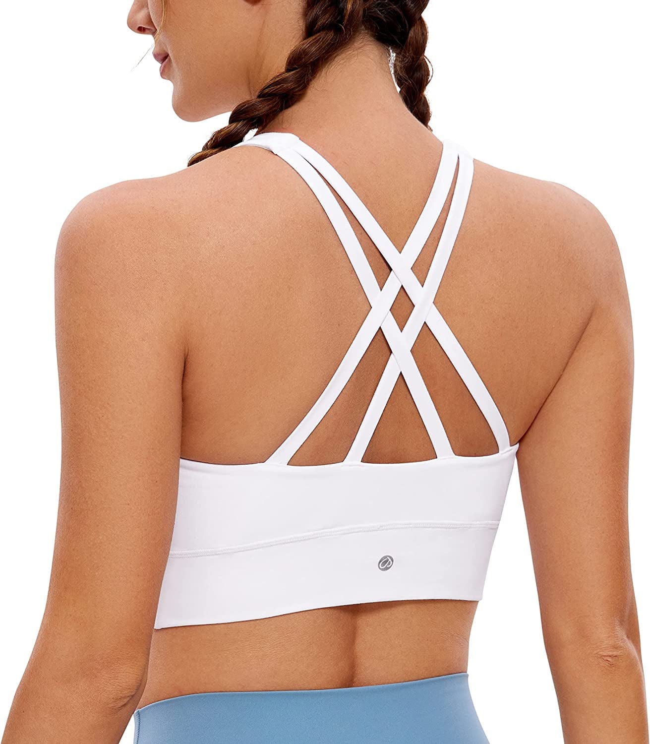 CRZ YOGA Womens Butterluxe Strappy High Neck Longline Sports Bra - Padded Criss Cross Back Workout Sports Bras Crop Tank Top White / Medium