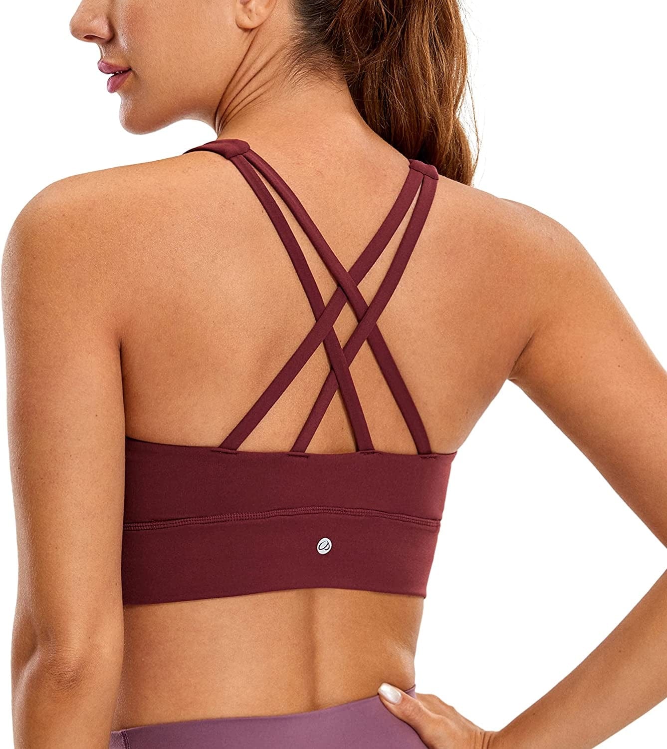CRZ YOGA Womens Butterluxe Strappy High Neck Longline Sports Bra - Padded Criss Cross Back Workout Sports Bras Crop Tank Top Noctilucence Red / Large