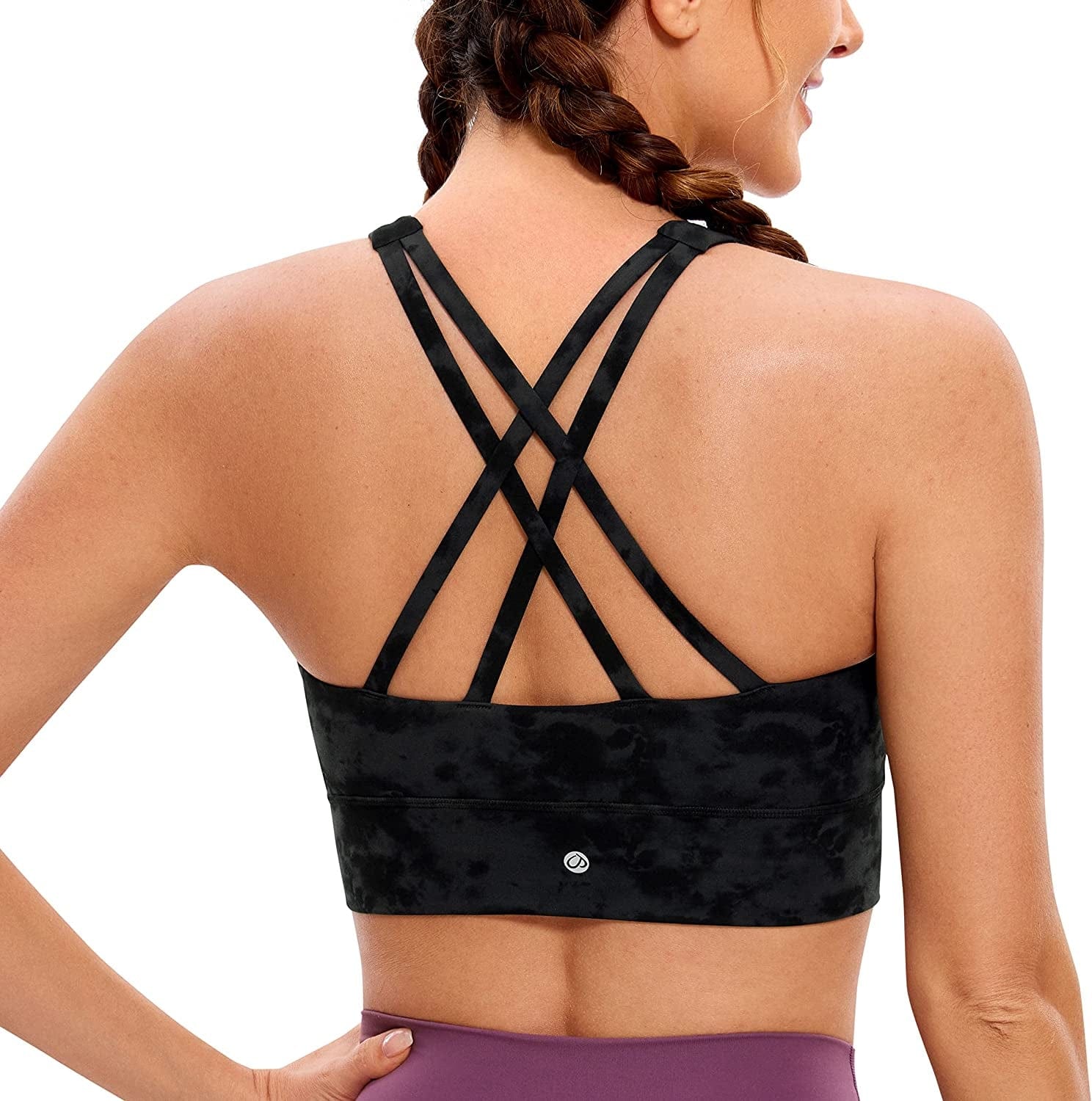 CRZ YOGA Womens Butterluxe Strappy High Neck Longline Sports Bra - Padded Criss Cross Back Workout Sports Bras Crop Tank Top Tie Dye Smoke Ink / Medium