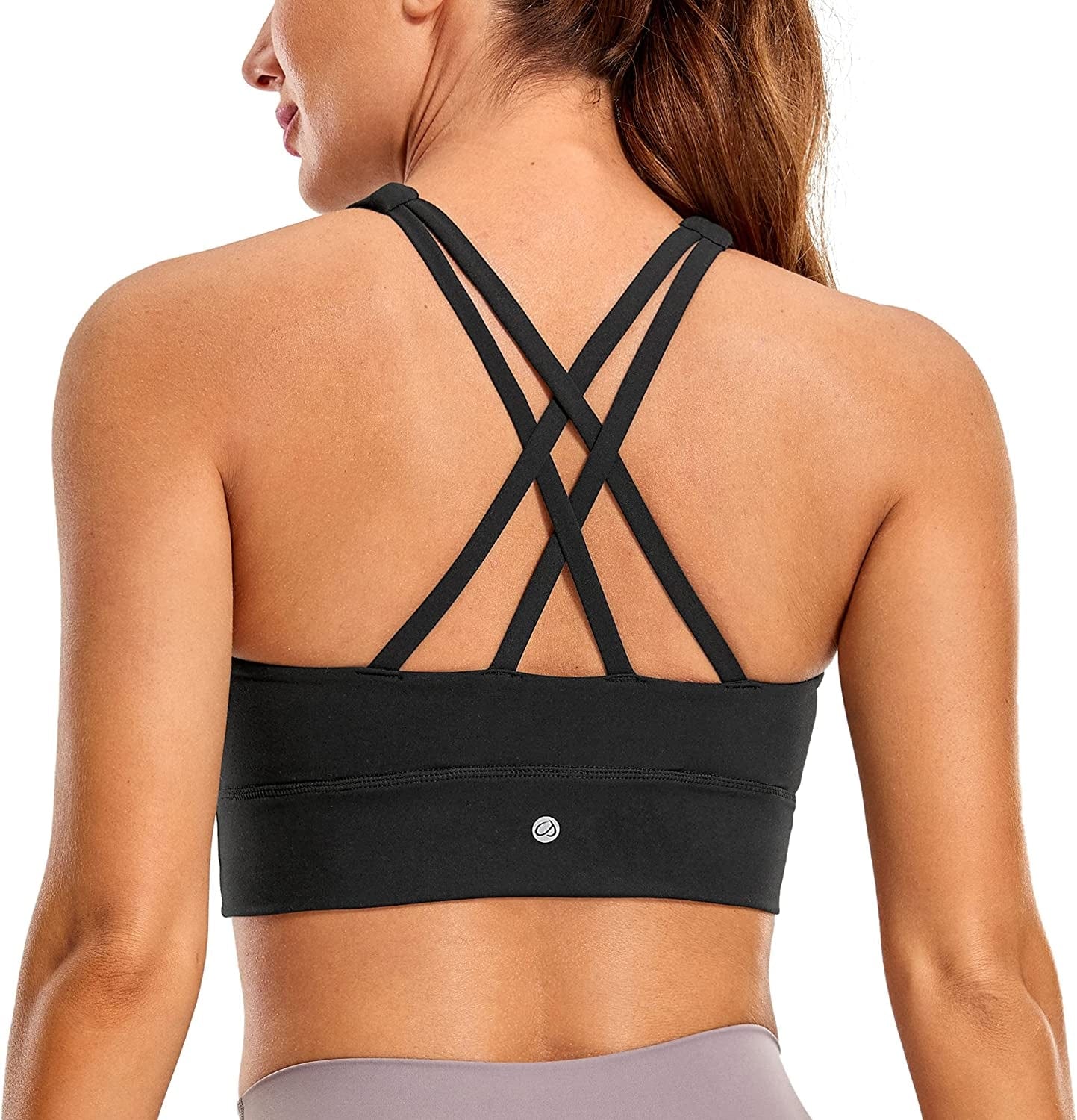 CRZ YOGA Womens Butterluxe Strappy High Neck Longline Sports Bra - Padded Criss Cross Back Workout Sports Bras Crop Tank Top Black / X-Large