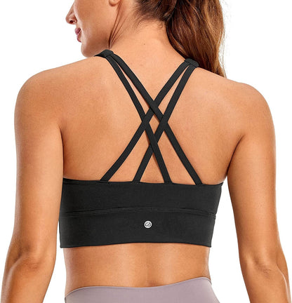 CRZ YOGA Womens Butterluxe Strappy High Neck Longline Sports Bra - Padded Criss Cross Back Workout Sports Bras Crop Tank Top Black / X-Large
