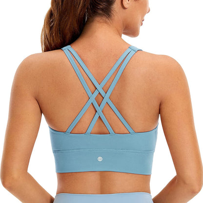 CRZ YOGA Womens Butterluxe Strappy High Neck Longline Sports Bra - Padded Criss Cross Back Workout Sports Bras Crop Tank Top Pure Blue / Large