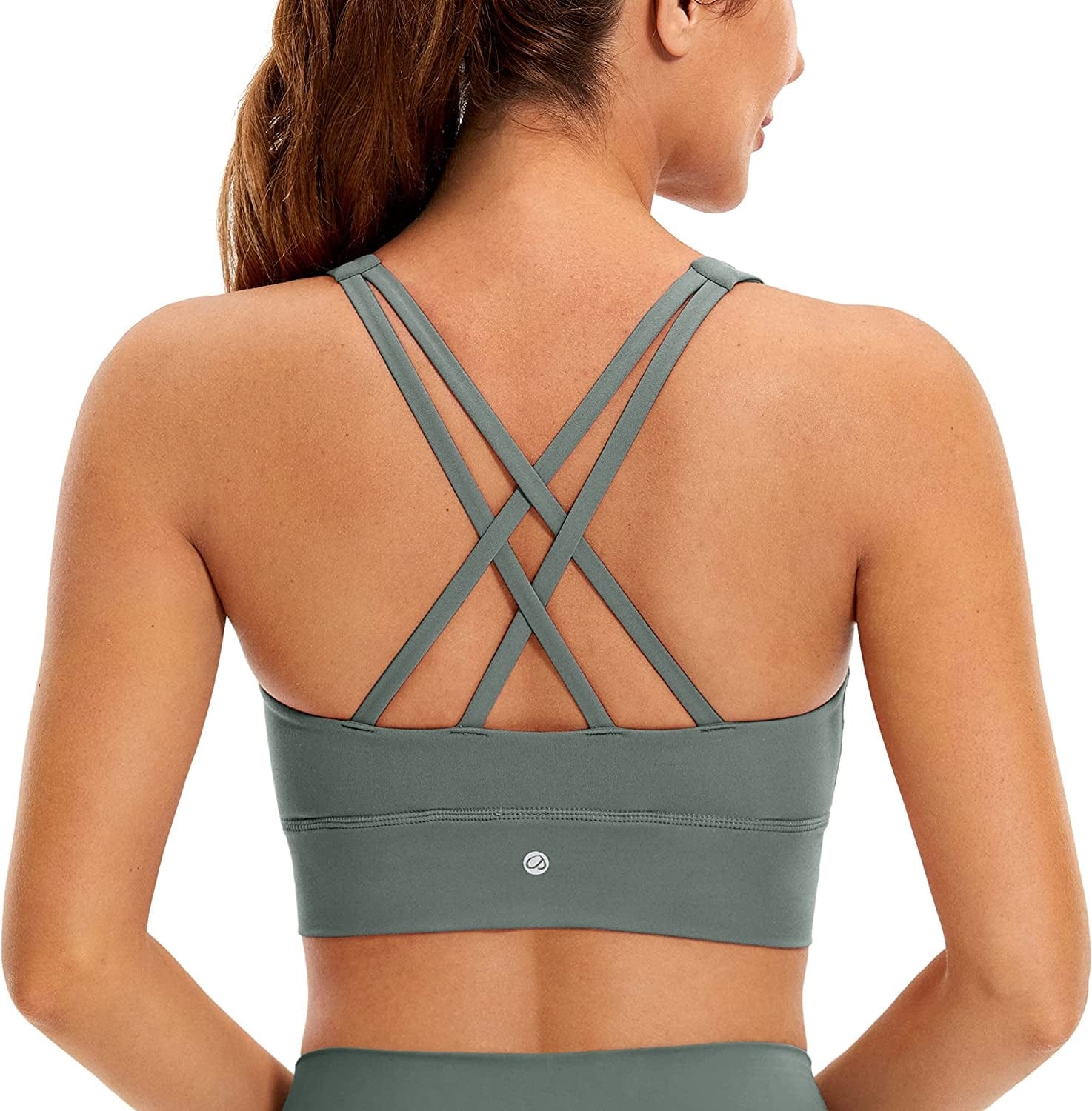 CRZ YOGA Womens Butterluxe Strappy High Neck Longline Sports Bra - Padded Criss Cross Back Workout Sports Bras Crop Tank Top Grey Sage / Medium
