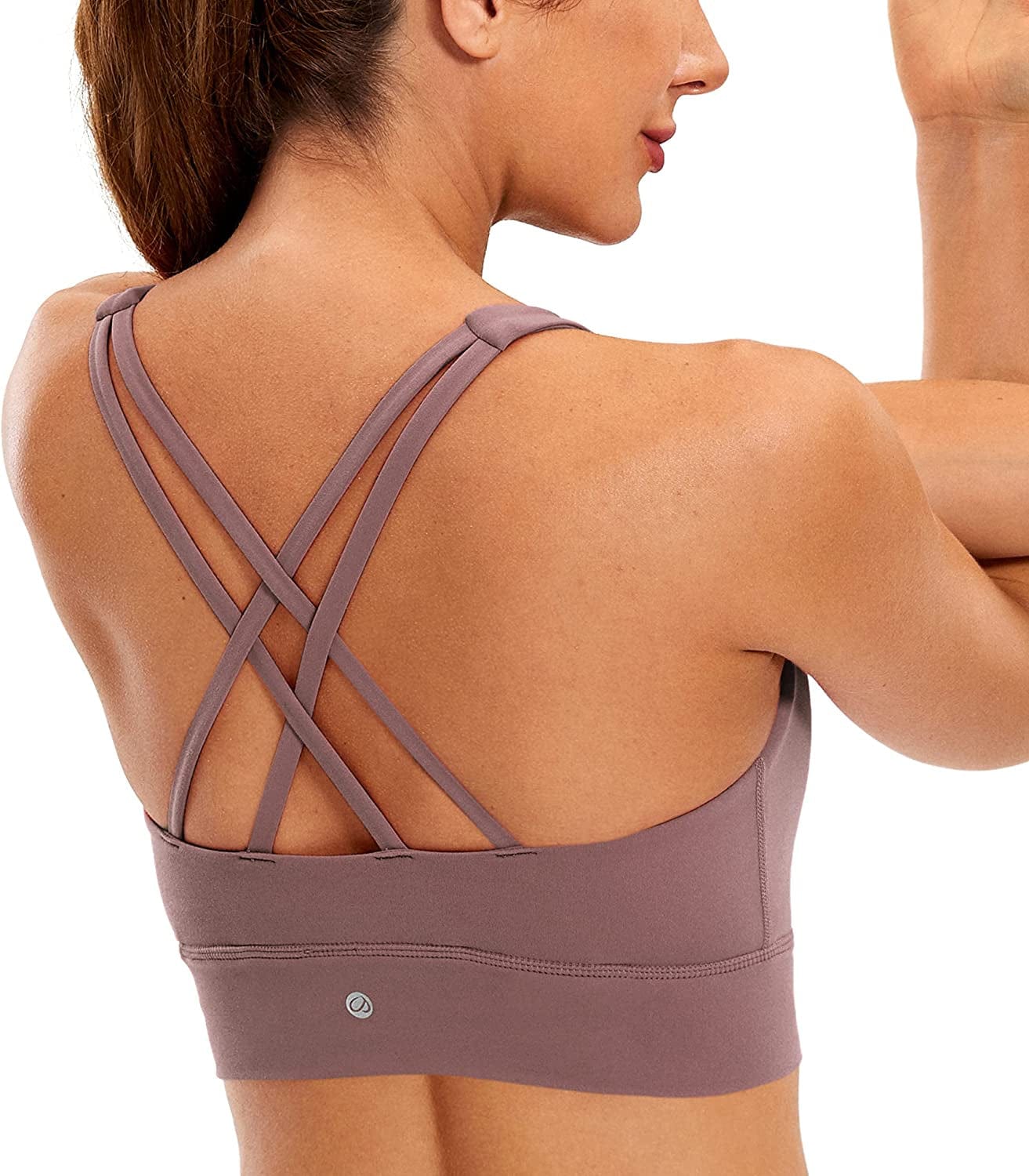 CRZ YOGA Womens Butterluxe Strappy High Neck Longline Sports Bra - Padded Criss Cross Back Workout Sports Bras Crop Tank Top Mauve / Large
