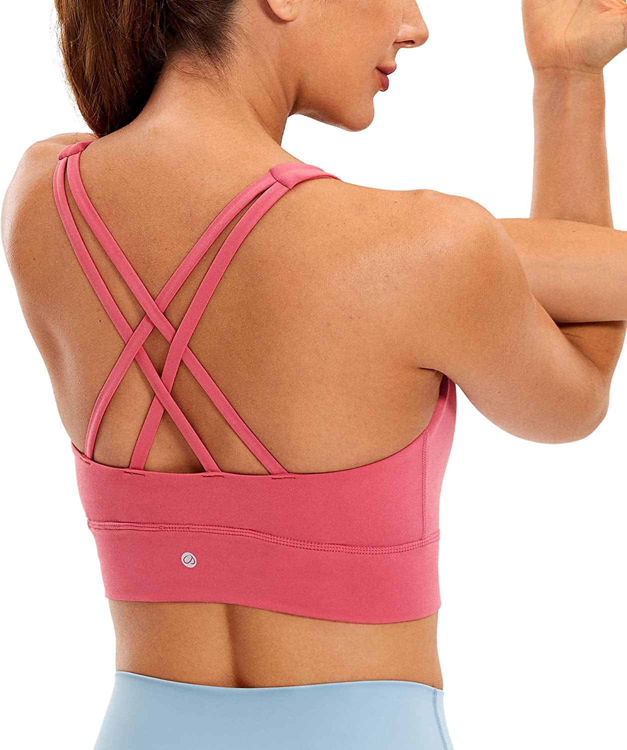 CRZ YOGA Womens Butterluxe Strappy High Neck Longline Sports Bra - Padded Criss Cross Back Workout Sports Bras Crop Tank Top Rose Powder / Large