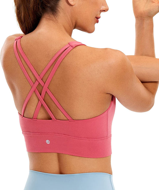CRZ YOGA Womens Butterluxe Strappy High Neck Longline Sports Bra - Padded Criss Cross Back Workout Sports Bras Crop Tank Top Rose Powder / Large