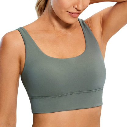 CRZ YOGA Womens Butterluxe U Back Sports Bra - Scoop Neck Padded Low Impact Workout Yoga Bra with Built in Bra Grey Sage / X-Small
