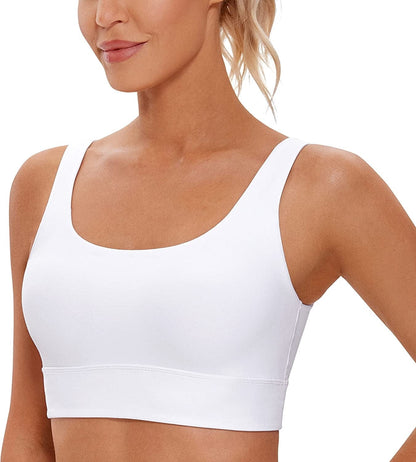CRZ YOGA Womens Butterluxe U Back Sports Bra - Scoop Neck Padded Low Impact Workout Yoga Bra with Built in Bra White / Medium
