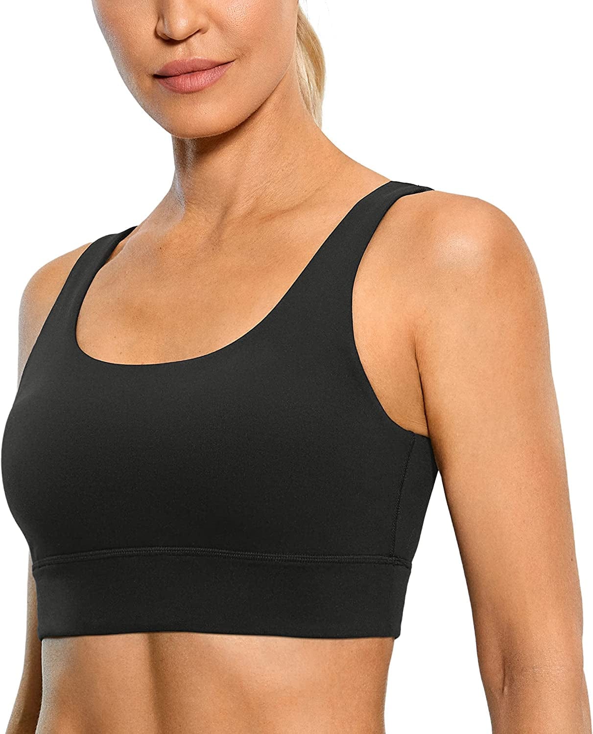 CRZ YOGA Womens Butterluxe U Back Sports Bra - Scoop Neck Padded Low Impact Workout Yoga Bra with Built in Bra Black / X-Small