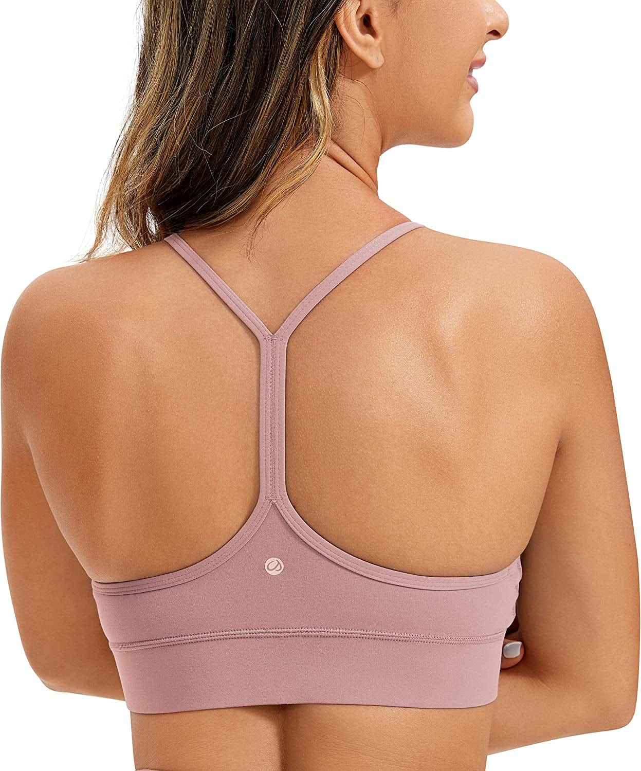 CRZ YOGA Womens Butterluxe Y-Back Racerback Sports Bra - Spaghetti Thin Straps Scoop Neck Athletic Padded Yoga Bra Rose Fragrant Purple / Large
