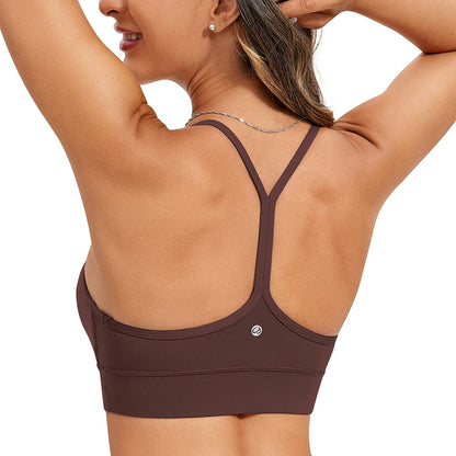 CRZ YOGA Womens Butterluxe Y-Back Racerback Sports Bra - Spaghetti Thin Straps Scoop Neck Athletic Padded Yoga Bra Taupe / X-Large