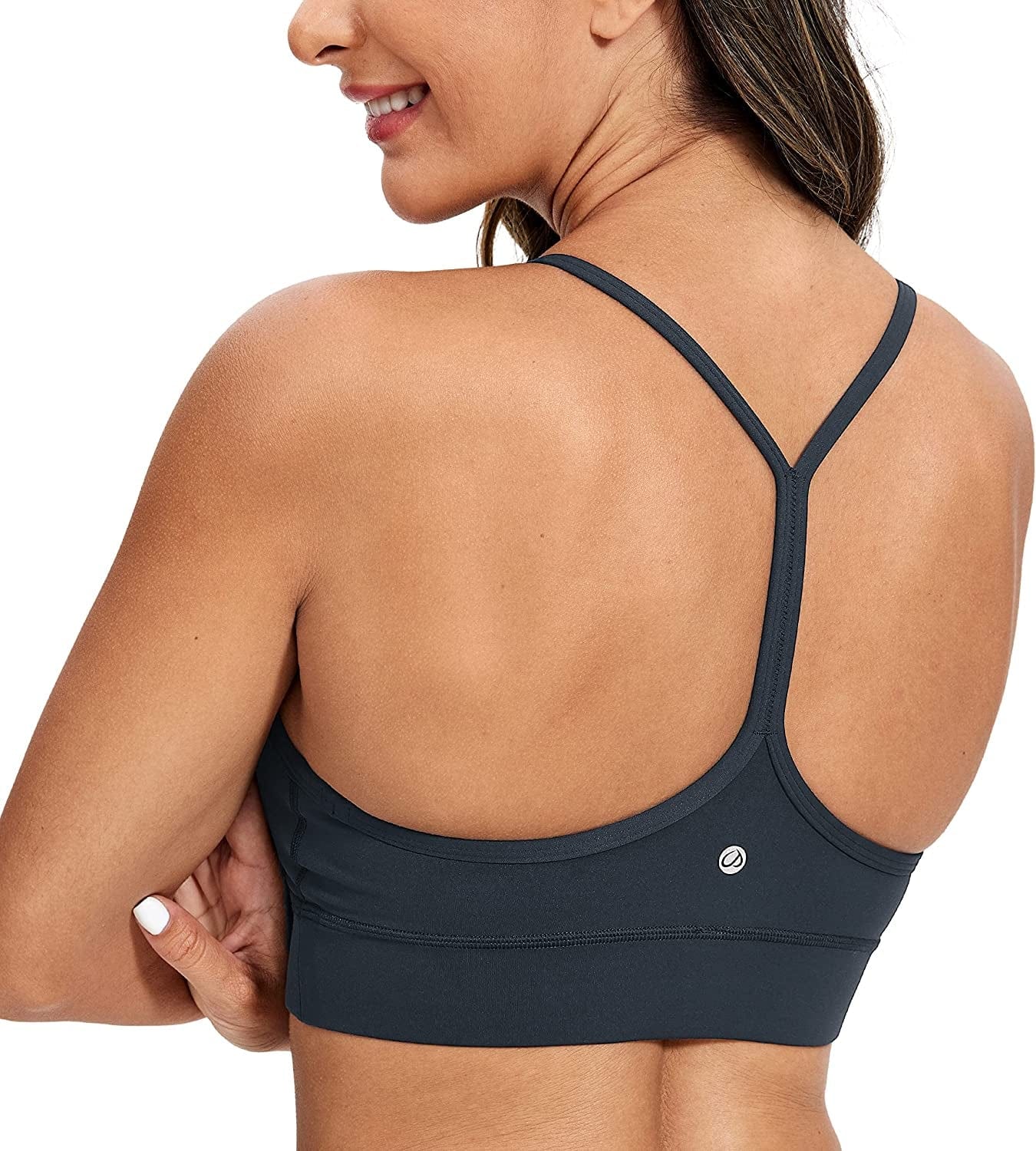 CRZ YOGA Womens Butterluxe Y-Back Racerback Sports Bra - Spaghetti Thin Straps Scoop Neck Athletic Padded Yoga Bra True Navy / X-Large
