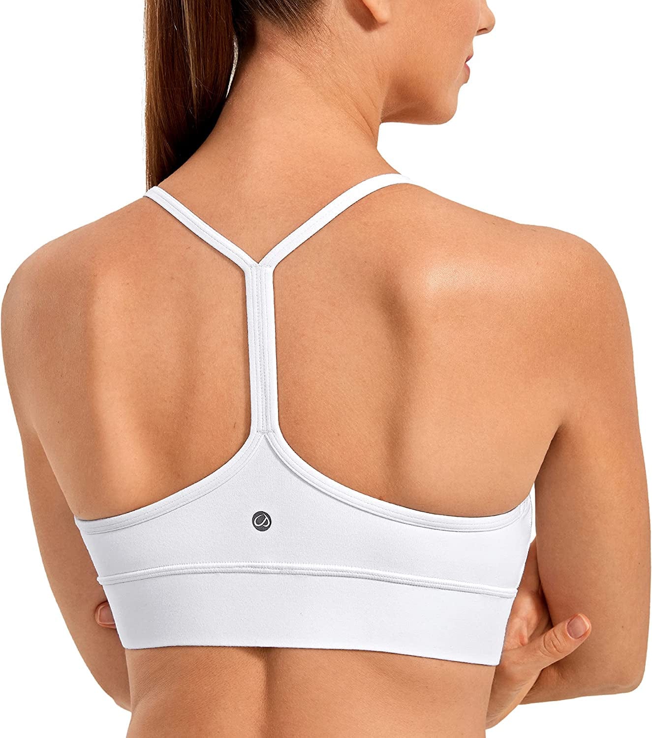 CRZ YOGA Womens Butterluxe Y-Back Racerback Sports Bra - Spaghetti Thin Straps Scoop Neck Athletic Padded Yoga Bra White / Large