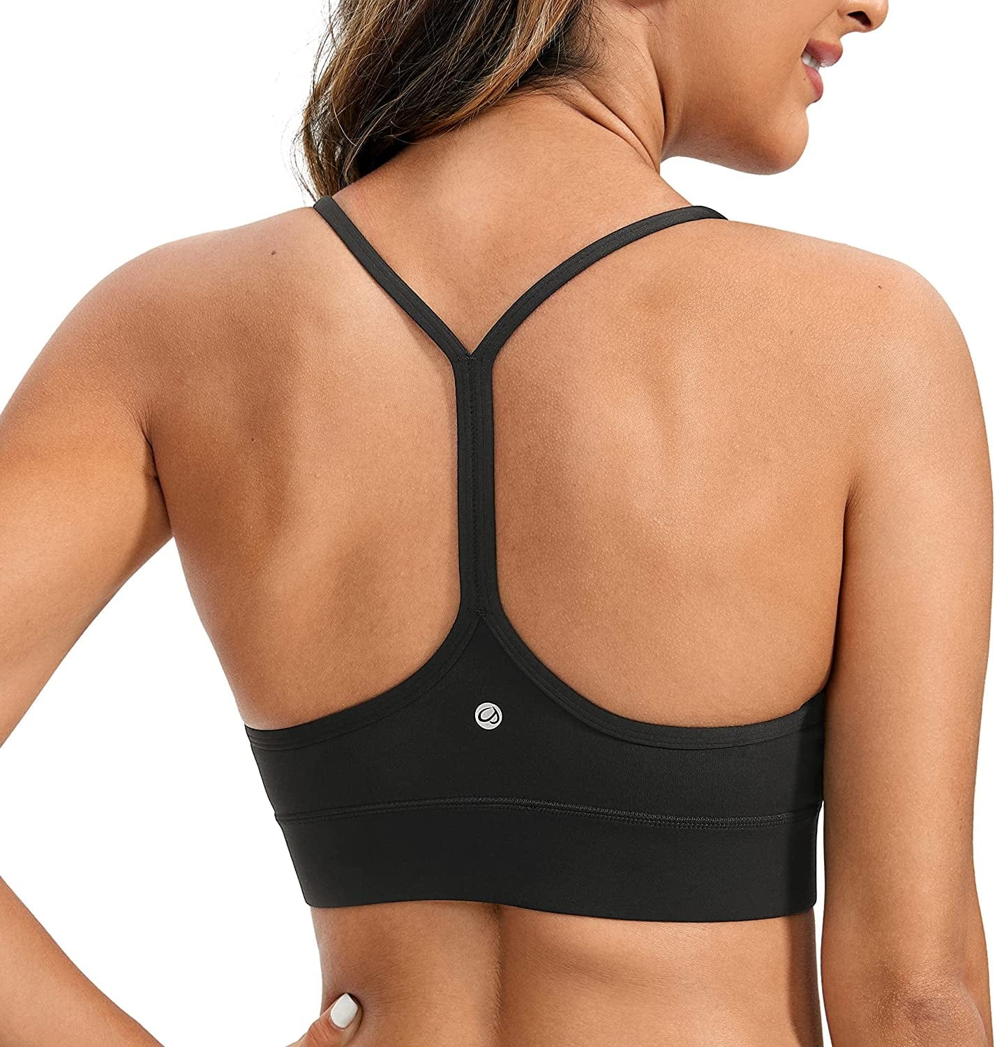 CRZ YOGA Womens Butterluxe Y-Back Racerback Sports Bra - Spaghetti Thin Straps Scoop Neck Athletic Padded Yoga Bra Black / Large