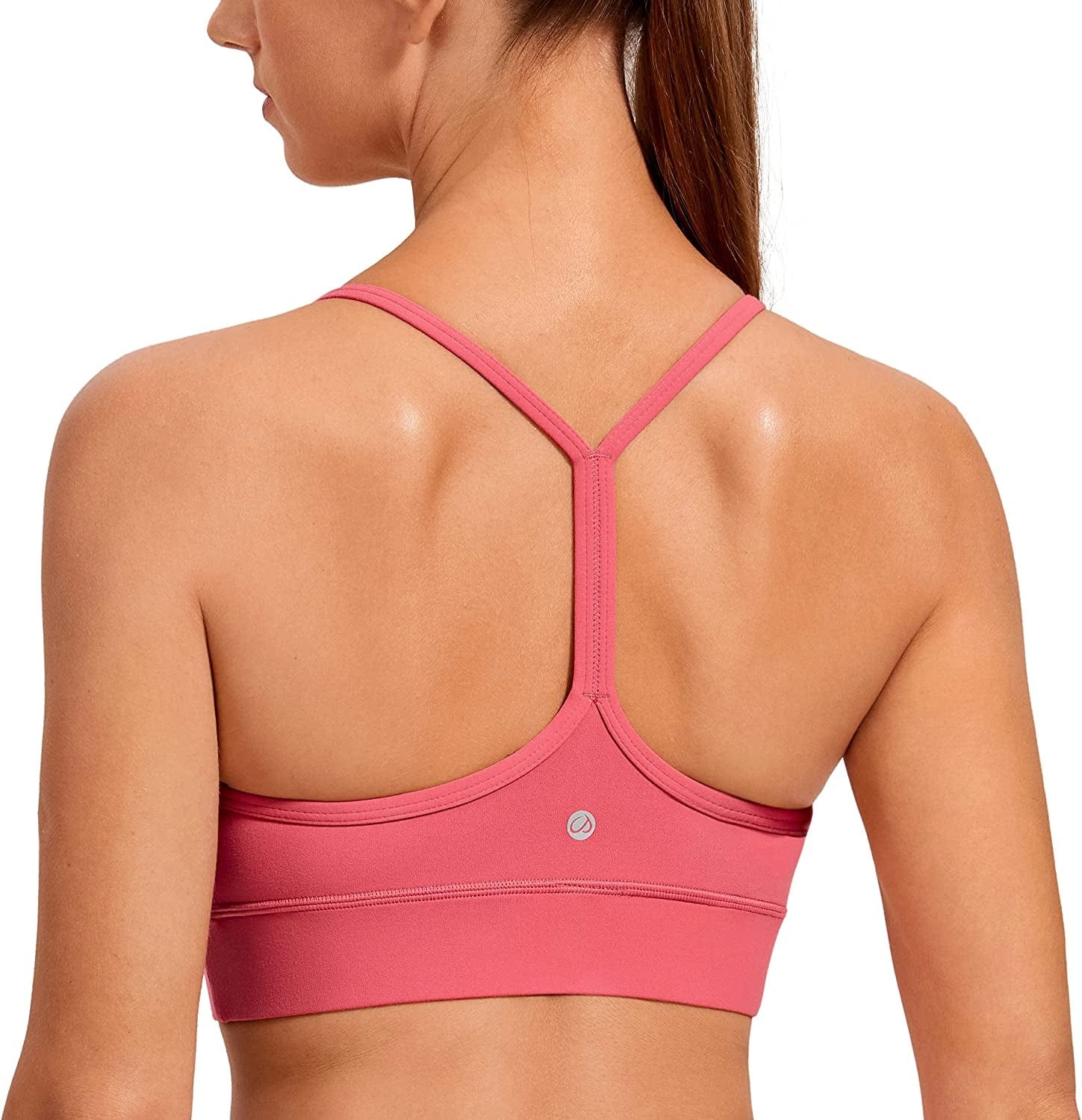 CRZ YOGA Womens Butterluxe Y-Back Racerback Sports Bra - Spaghetti Thin Straps Scoop Neck Athletic Padded Yoga Bra Rose Powder / Medium