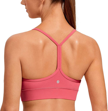 CRZ YOGA Womens Butterluxe Y-Back Racerback Sports Bra - Spaghetti Thin Straps Scoop Neck Athletic Padded Yoga Bra Rose Powder / Medium
