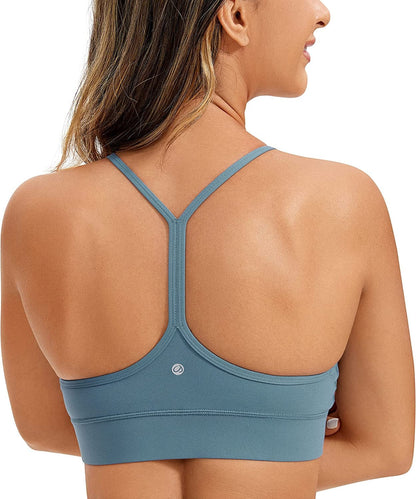 CRZ YOGA Womens Butterluxe Y-Back Racerback Sports Bra - Spaghetti Thin Straps Scoop Neck Athletic Padded Yoga Bra Blue Ashes / Large