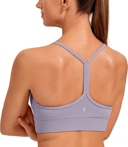 CRZ YOGA Womens Butterluxe Y-Back Racerback Sports Bra - Spaghetti Thin Straps Scoop Neck Athletic Padded Yoga Bra Lavender Mist / Medium