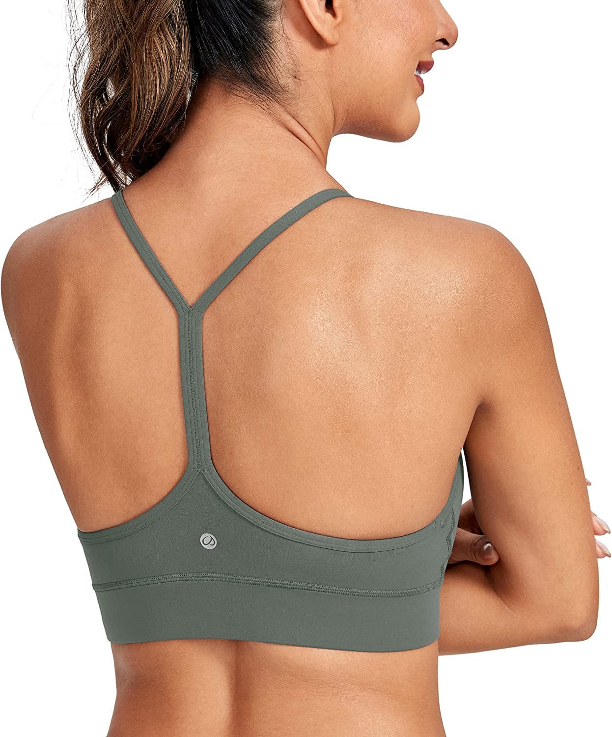 CRZ YOGA Womens Butterluxe Y-Back Racerback Sports Bra - Spaghetti Thin Straps Scoop Neck Athletic Padded Yoga Bra Grey Sage / Large