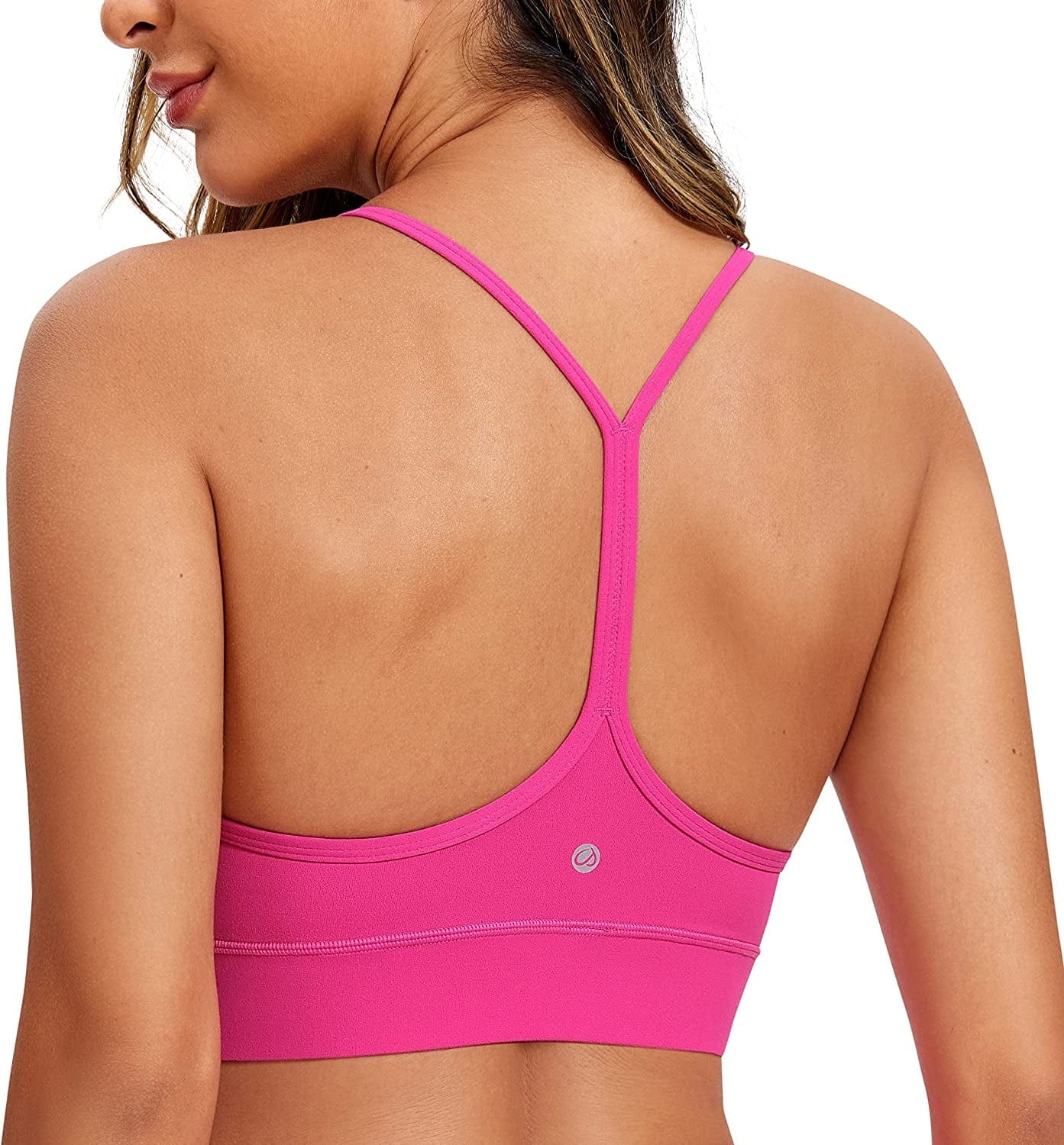 CRZ YOGA Womens Butterluxe Y-Back Racerback Sports Bra - Spaghetti Thin Straps Scoop Neck Athletic Padded Yoga Bra Hibiscus Purple / Medium