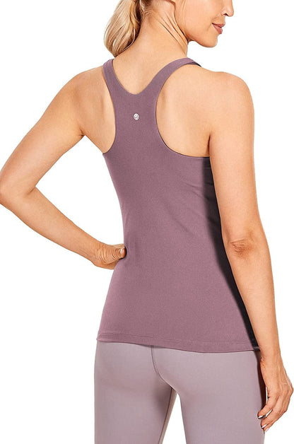 CRZ YOGA Womens High Neck Workout Tank Tops - with Built-In Shelf Bra Racerback Athletic Sports Shirts Antique Bark / Medium