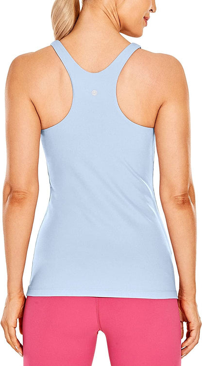 CRZ YOGA Womens High Neck Workout Tank Tops - with Built-In Shelf Bra Racerback Athletic Sports Shirts The Breeze Blue / Medium