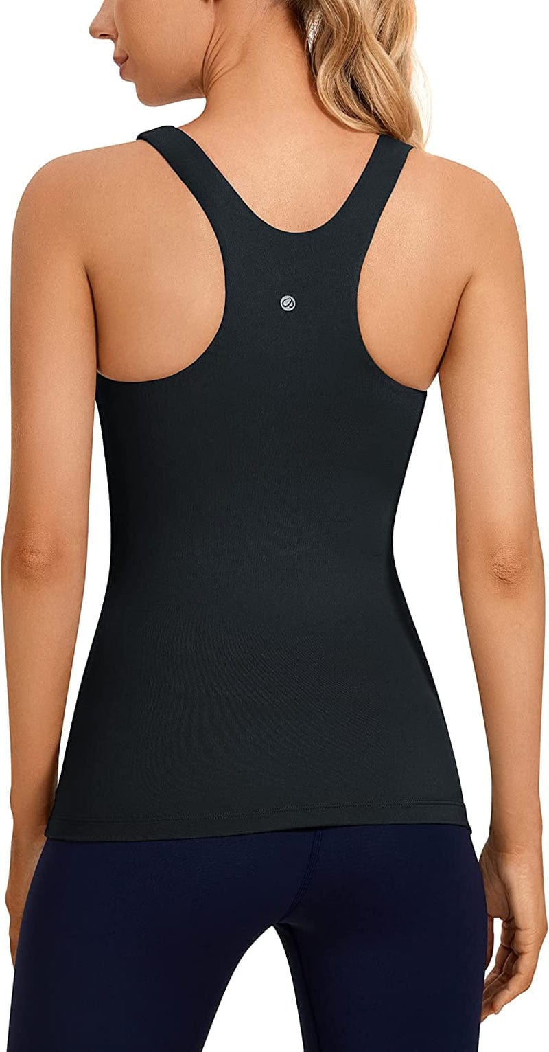 CRZ YOGA Womens High Neck Workout Tank Tops - with Built-In Shelf Bra Racerback Athletic Sports Shirts True Navy / XX-Small