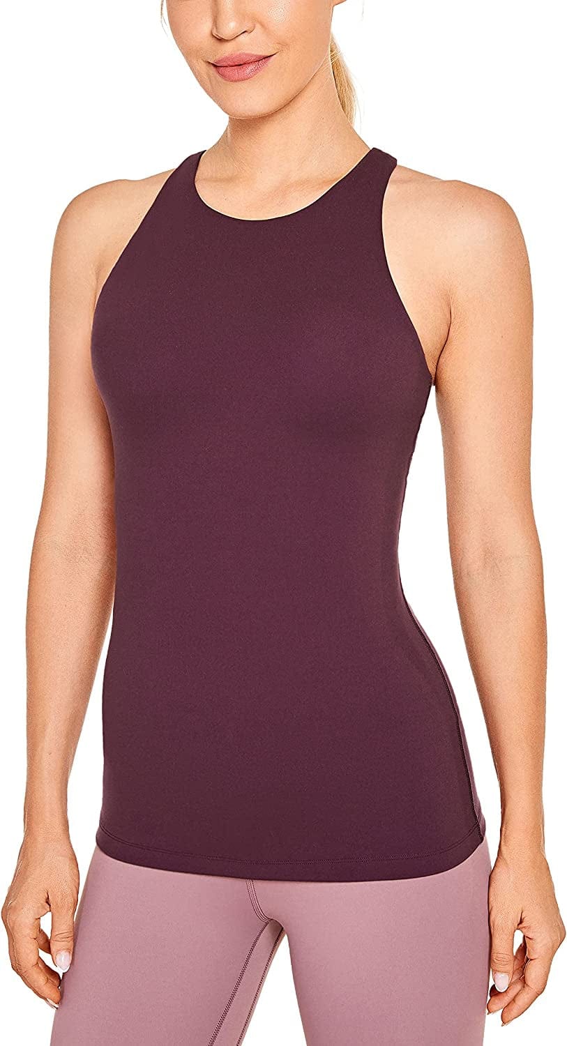 CRZ YOGA Womens High Neck Workout Tank Tops - with Built-In Shelf Bra Racerback Athletic Sports Shirts Dark Russet / Medium