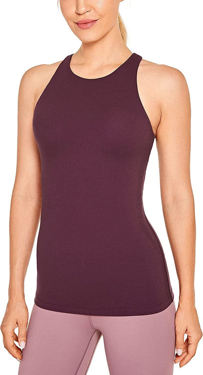 CRZ YOGA Womens High Neck Workout Tank Tops - with Built-In Shelf Bra Racerback Athletic Sports Shirts Dark Russet / Medium