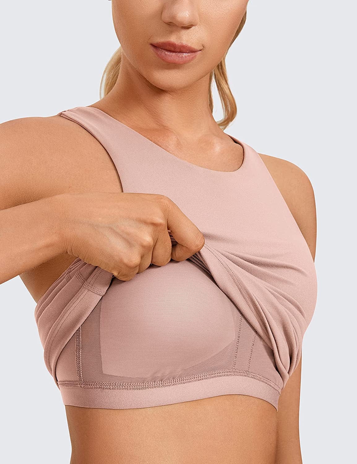 CRZ YOGA Womens High Neck Workout Tank Tops - with Built-In Shelf Bra Racerback Athletic Sports Shirts